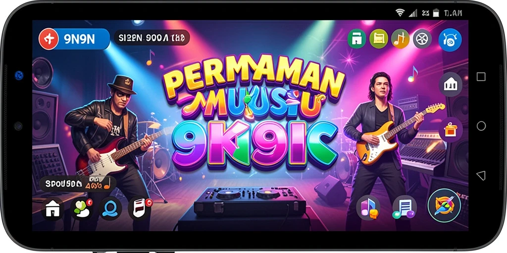 Screenshot gameplay 9N9N menunjukkan suasana seru bermain musik.