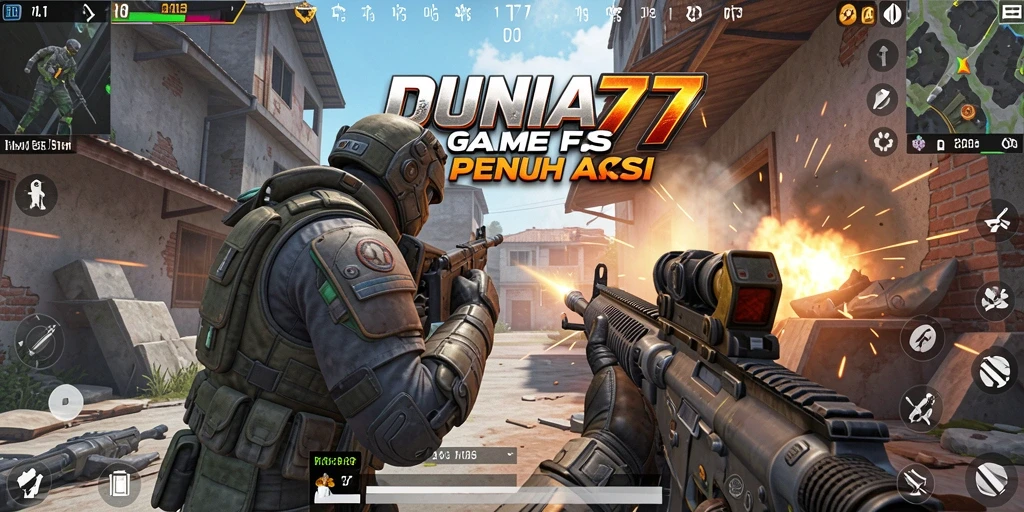 Screenshot gameplay DUNIA77 menampilkan aksi tembak-menembak yang mendebarkan.