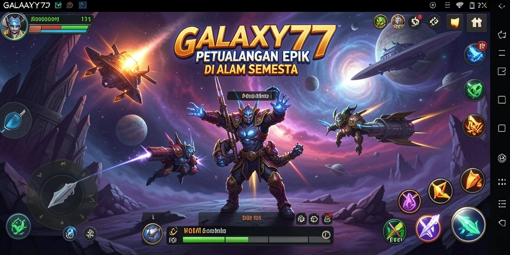 Screenshot utama GALAXY77 yang menampilkan aksi pertempuran RPG yang mendebarkan.