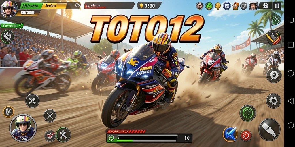 Screenshot gameplay TOTO12 menampilkan aksi balapan motor yang mendebarkan.
